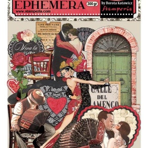 May include: A set of paper cutouts featuring a vintage Spanish theme. The cutouts include a couple dancing, a man playing an accordion, a heart-shaped sign that says "Calle del Amenco", and a building with a green door. The paper cutouts are printed on 300g paper and are designed by Dorota Kotowicz for Stamperia.