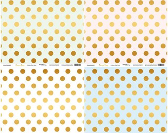 ScrapMir Golden Dots Paper Set Pink Mint Blue White with Foil 12x12  - Foil - Golden Foil - Scrapmir - Dots - Cardstock - Scrapbooking Paper