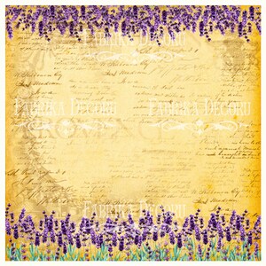 May include: A vintage-style background with a faded yellowed paper texture and handwritten text. The background is bordered by a garland of purple lavender flowers.