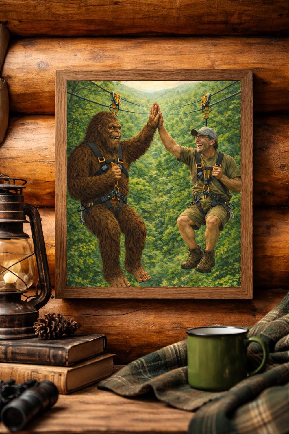 Bigfoot Zip-lining Print • Funny Camping Cabin Wall Art (digital