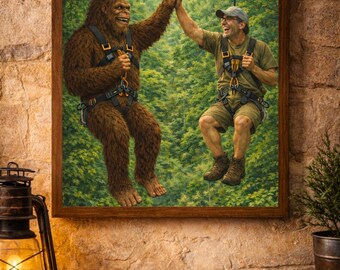 Bigfoot Zip-lining Print • Funny Camping Cabin Wall Art (digital