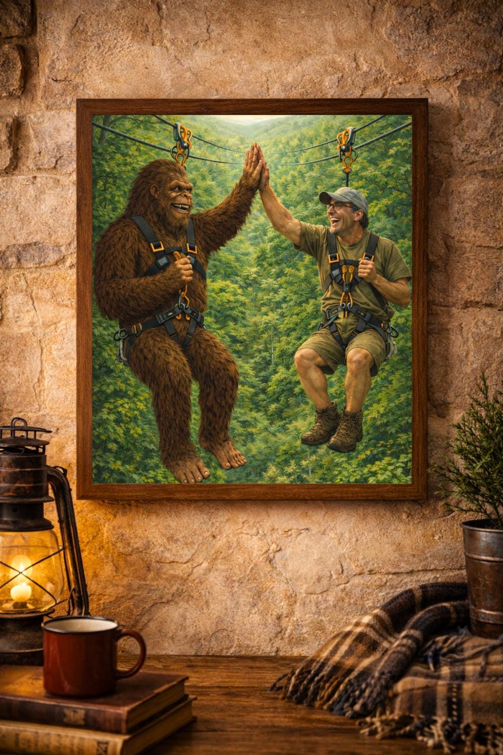 Bigfoot キャンバスアート 作品 手書き Bigfoot Zip-lining Print • Funny Camping Cabin Wall Art (digital