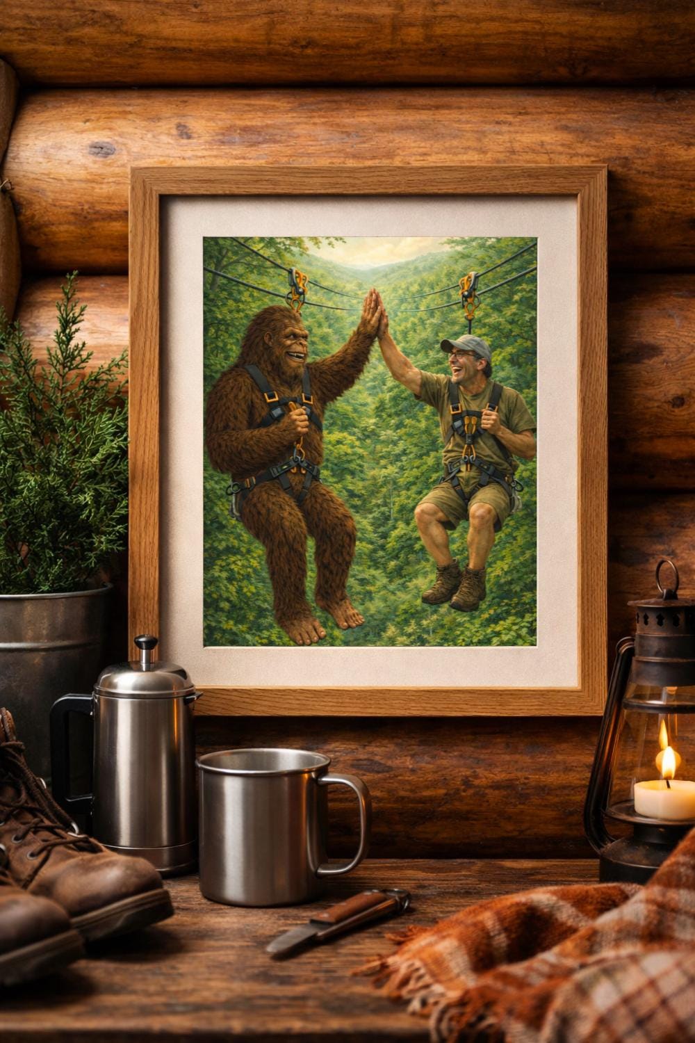 Bigfoot Zip-lining Print • Funny Camping Cabin Wall Art (digital