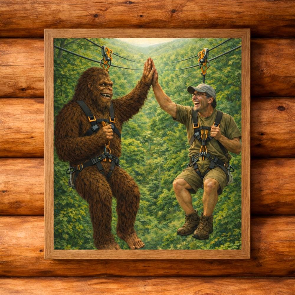 Bigfoot Zip-lining Print • Funny Camping Cabin Wall Art (digital
