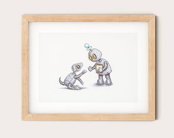 Art Print, Baby Robot and Robot Dog, Robot Decor, Nursery Art | Diane Bishop Designs