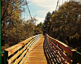 Könnte beinhalten: Eine Holz-Hängebrücke mit einem Holzsteg und Metallseilen. Die Brücke ist von Bäumen umgeben und der Steg ist leer.
