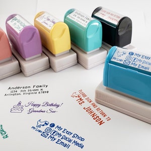 Blue Medium Self Inking Stamp for Names, Address, Business, Teacher, or Signature.  5 Ink Colors Available. Custom Personalized 60mmx20mm.