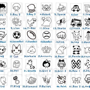 May include: A grid of forty-two square icons featuring black line art illustrations on a white background. Each icon is numbered and labeled with text, including images of boys, animals, vehicles, sports equipment, and various symbols like stars and bows.