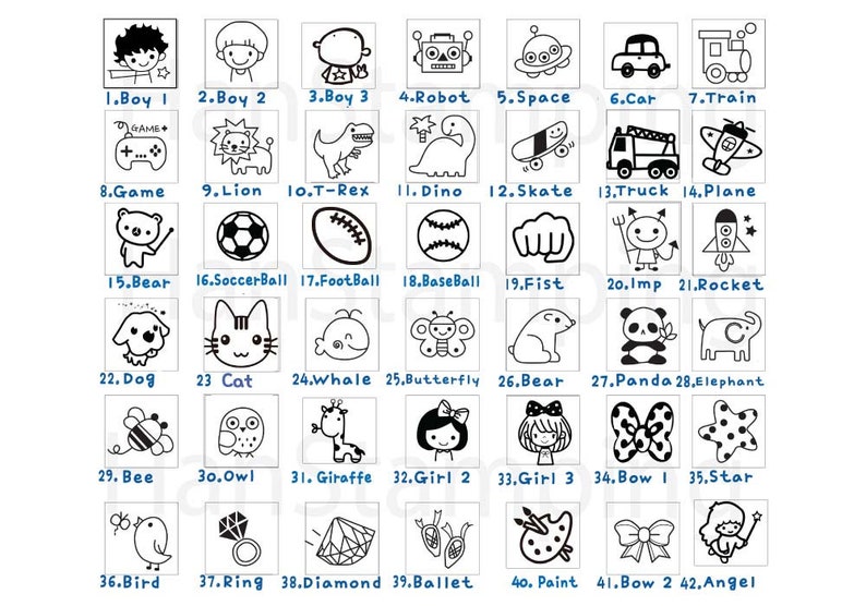 May include: A grid of forty-two square icons featuring black line art illustrations on a white background. Each icon is numbered and labeled with text, including images of boys, animals, vehicles, sports equipment, and various symbols like stars and bows.