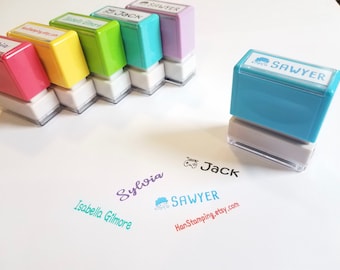 Blue Small Personalized Self Inking Name Stamp. 5 Ink Colors Available. Custom 40mmx10mm Stamp.