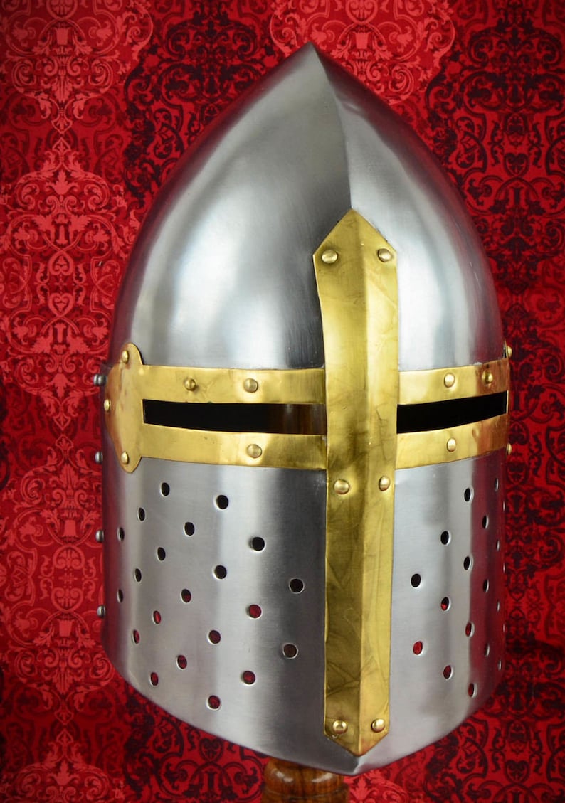 Medieval Templar Crusader Knight Armor Helmet With Wooden Stand Greek Spartan