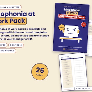 May include: A Misophonia at Work Pack featuring 25 printable and fillable pages. The cover is dark blue with a white angry computer icon and the text Misophonia at Work Adjustments Pack. Includes letter templates, email scripts, and an impact log.