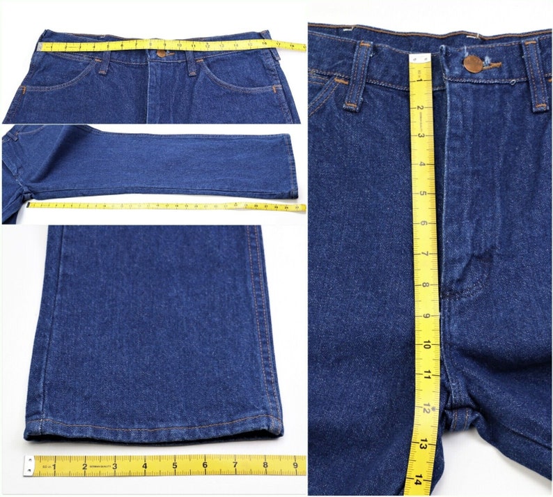 May include: A pair of blue denim jeans with a yellow measuring tape showing the inseam length of 32 inches and the waist measurement of 30 inches.