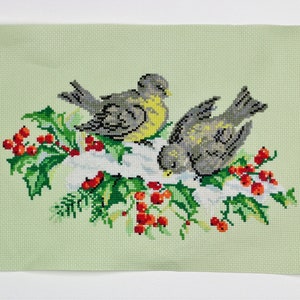 New Handmade Embroidered picture &quot;Titmice &quot; 26 cm x 16 cm Cross Stitch