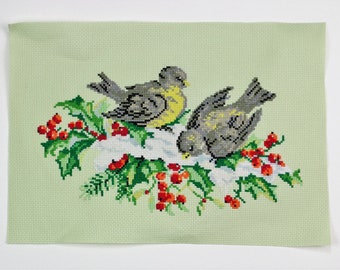 New Handmade Embroidered picture "Titmice " 26 cm x 16 cm Cross Stitch