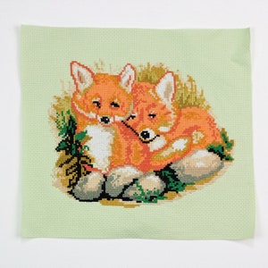 New Handmade Embroidered picture &quot;Fox Family&quot; 20 cm x 16 cm Cross Stitch