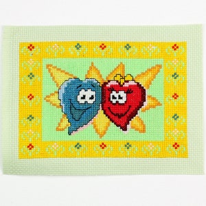 New Handmade Embroidered picture &quot;Two Hearts&quot; 15 cm x 10 cm Cross Stitch