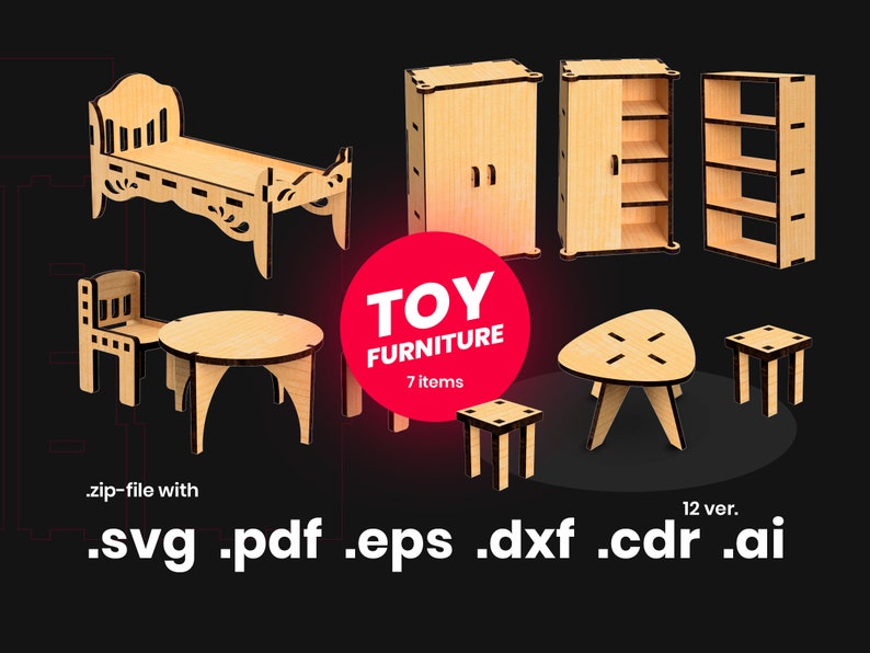 Dollhouse furniture set Laser cut template Doll furniture Etsy