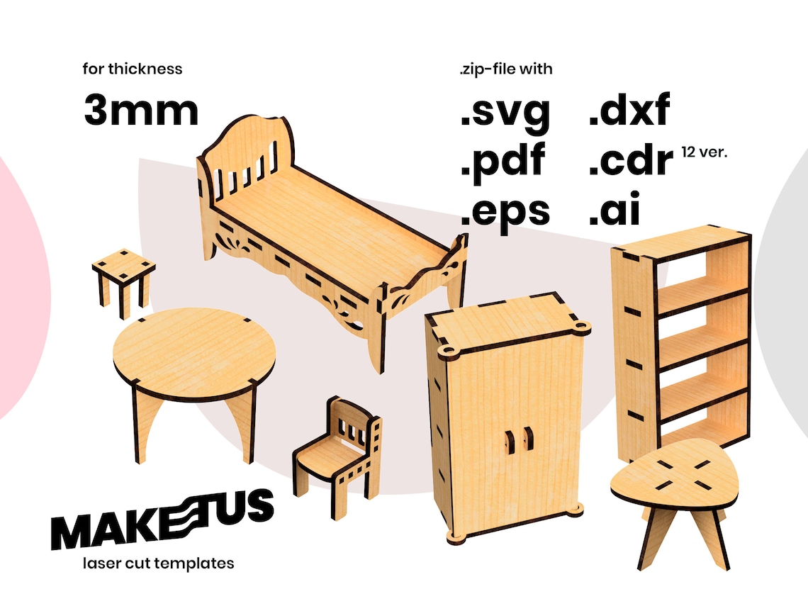 Dollhouse furniture set Laser cut template Doll furniture Etsy