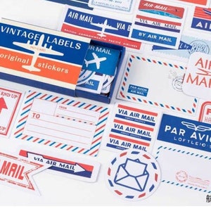 60 pièces autocollant de papeterie rétro vintage par avion, boîte d'allumettes, journal de scrapbooking, journal de malbouffe en Washi, éphémères, nombre de mots, bricolage, planificateurs esthétiques