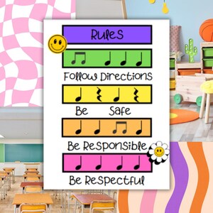 May include: A colorful classroom rules poster with text and musical notes. The poster includes the words "Rules", "Follow Directions", "Be Safe", "Be Responsible", and "Be Respectful". A smiley face and a flower are also included.