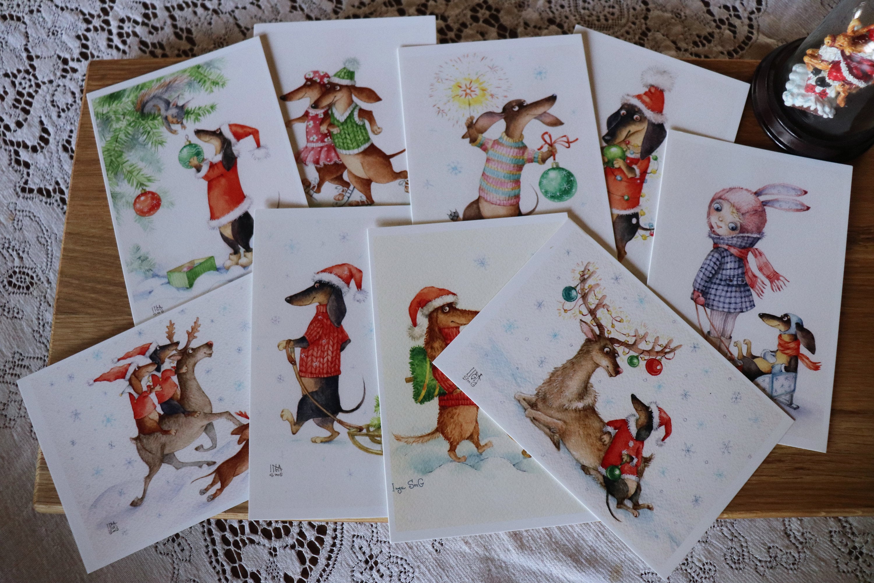 MashaByMasha Christmas greetings postcards cards 9 psc set Inga Izmaylova SMG Doxie Dachshunds Dogs 4 by6