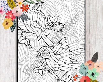 Printable Adult Coloring Page | Birds On Tree Branches | Stress Management | Art Therapy | Instant Digital Download | Wonders Of Color