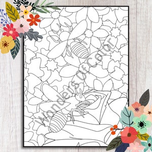 Printable Adult Coloring Page | Bees And Flowers | Stress Management | Art Therapy | Instant Digital Download | Wonders Of Color
