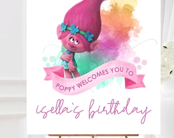 DIGITAL Modern Trolls Girl Birthday Welcome Sign, Minimalist Poppy Birthday Banner, Girly Poppy Trolls Party Banner, Girls Poppy Trolls Sign