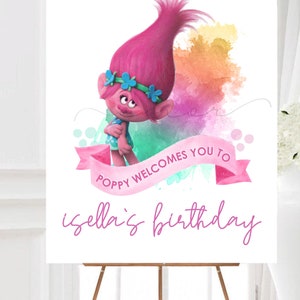 DIGITAL Modern Trolls Girl Birthday Welcome Sign, Minimalist Poppy Birthday Banner, Girly Poppy Trolls Party Banner, Girls Poppy Trolls Sign