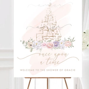 DIGITAL Once Upon A Time Castle Baby Shower Welcome Sign, Birthday, Minimalist, Modern, Watercolor, Pastel flowers, dainty, simple, muted