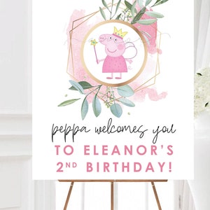 Printable Modern Peppa Pig Girl Birthday Welcome Sign, Minimalist Peppa Big Birthday Sign, Peppa Pig Greenery Floral, Peppa Watercolor Sign