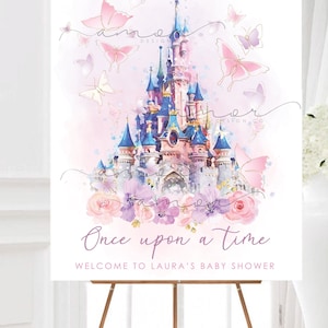 DIGITAL Once Upon A Time Castle Baby Shower Welcome Sign, First Birthday, Minimalist, Modern, Watercolor, Pastel flowers, Butterly, Princess