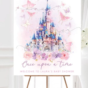 DIGITAL Once Upon A Time Castle Sinal de boas-vindas para chá de bebê, primeiro aniversário, minimalista, moderno, aquarela, flores pastel, borboleta, princesa