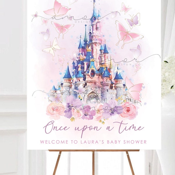 DIGITAL Es war einmal Schloss Babyparty Willkommensschild, erster Geburtstag, minimalistisch, modern, Aquarell, Pastellblumen, Butterly, Prinzessin