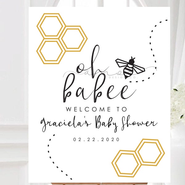 DIGITAL Oh Babee Modern Geometric Bee Baby Shower Welcome Sign, Modern Bee Sign, Sweet As Honey, Bee Welcome Sign, Modern Bee Decor Sign