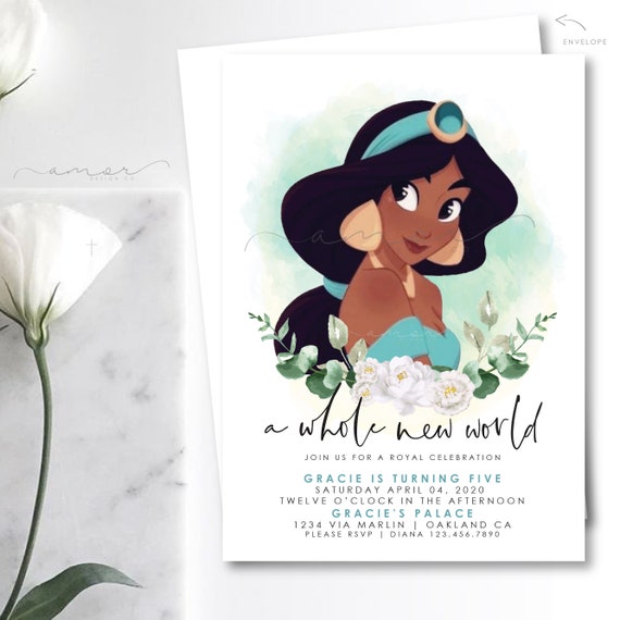 Modern Disney Princess Jasmine Birthday Invitation Watercolor Etsy 日本