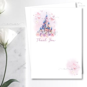 Once Upon A Time Castle Dankeskarte, Erster Geburtstag, Minimalistisch, Modern, Aquarell, Pastellblumen, Gold, Butterly, Prinzessin, Dusche