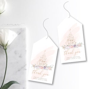 Once Upon A Time Castle Party Favor Tags, Minimalista, Moderno, Acuarela, Flores pastel, Oro, delicado, simple, silenciado, etiqueta de regalo, regalo de ducha