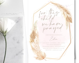 Boho kristen babyshowerinbjudan, för detta barn har vi bett. Babyshowerinbjudan, modern kristen babyshower, dop, Jesus.