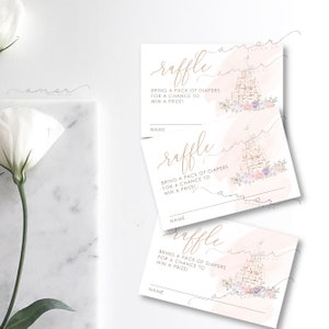 Once Upon A Time Castle Windel Verlosung Tickets, Minimalistisch, Modern, Aquarell, Pastell Blumen, Gold, zierlich, schlicht, gedeckt, Dusche Verlosung
