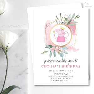 Modern Peppa Pig Girl Birthday Invitation, Minimalist Peppa Big Birthday Invitation, Peppa Pig Greenery Floral Invitation, Peppa Watercolor