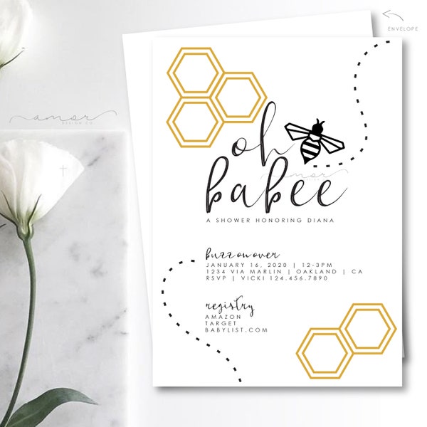 Oh Babee Modern Geometric Bee Baby Shower Invitation, Modern Bee Invite, Sweet As Honey, Bee Thank You Card, Bee Books for Baby Card