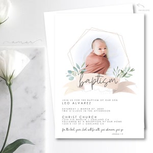 Modern Greenery Baptism Invitation, Minimalist Christening Invitation, Child Dedication Invitation, Baby Picture Baptism Invitation, Bible