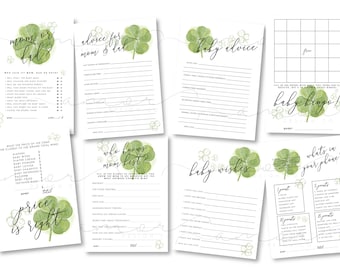 Modern Minimalist Watercolor March Baby Shower Game Pack, A little Luck is on the Way Baby Shower, Lucky Four Leaf Clover Baby Shower Games