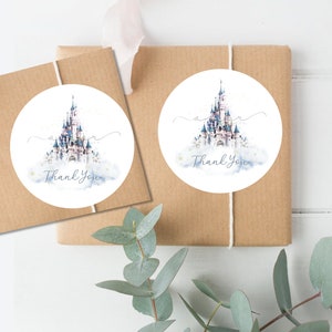 Ein kleiner Prinz ist unterwegs Schloss Thank You Sticker, Erster Geburtstag, Minimalistisch, Modern, Aquarell, Wolken, Sterne, Storybook, Favorit