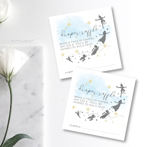 Moderne Silhouette Windelkarte, Flying in the Sky Einladung, Minimalistische und zierliche Baby shower, Neverland Baby Shower, Tombola Karten