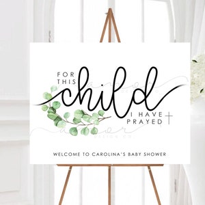 DIGITAL Minimalist Christian Leaf Baby Shower Welcome Sign, For this Child I have Prayed Sign, Modern Christian Baby Shower, Baptism Sign