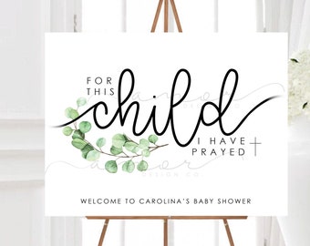 DIGITAL Minimalist Christian Leaf Baby Shower Welcome Sign, For this Child I have Prayed Sign, Modern Christian Baby Shower, Baptism Sign