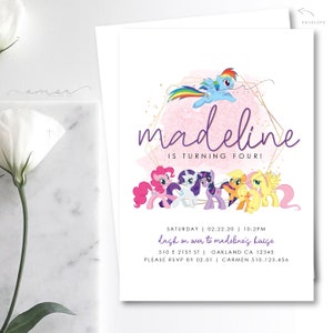 Modern Rainbow Dash Watercolor Minimalist Invitation, Modern My Little Pony Girls Birthday Invitation, Rainbow Dash Pony Party Invitation